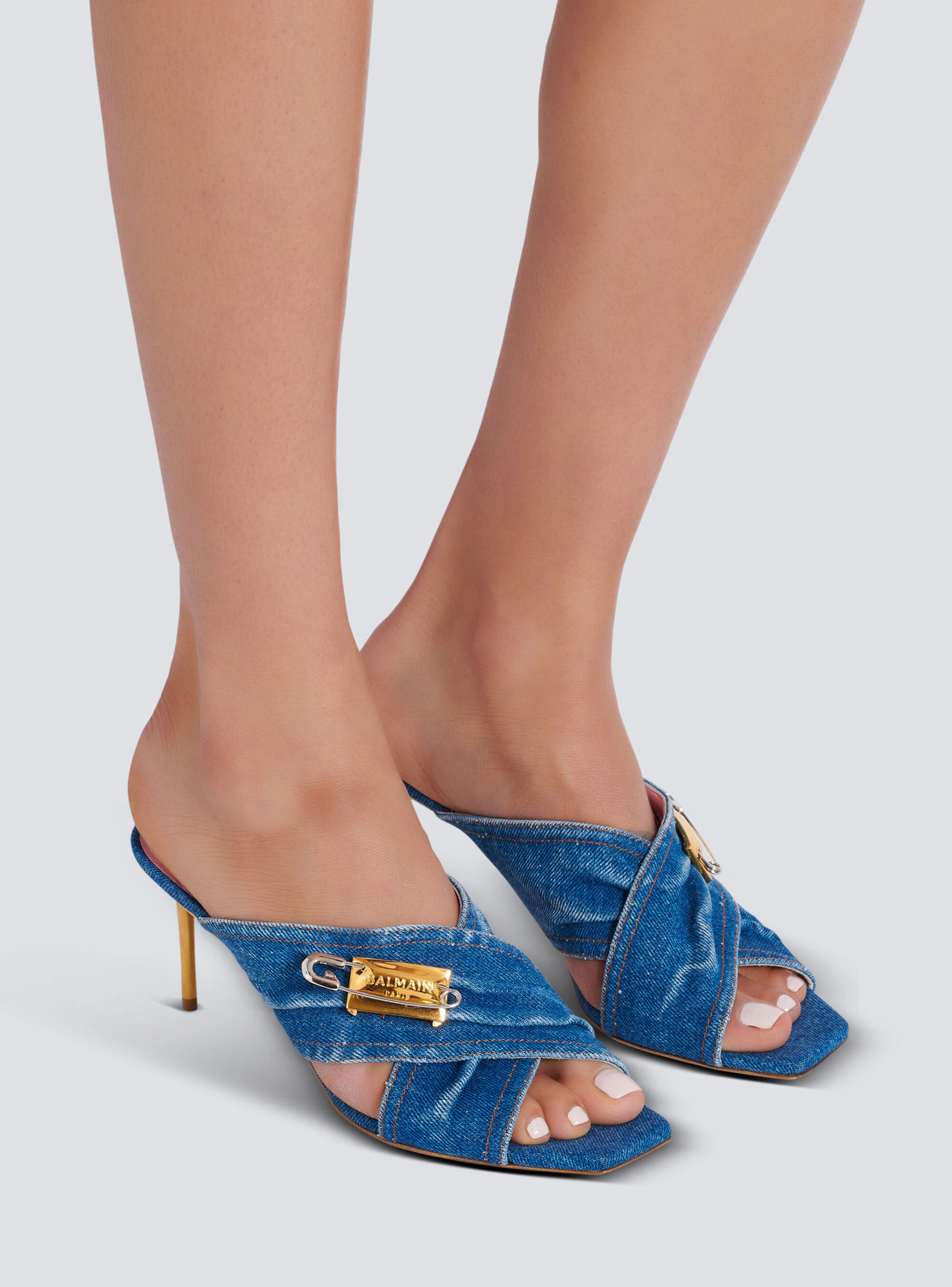 Balmain Mule Safety Pin-denim In Blue