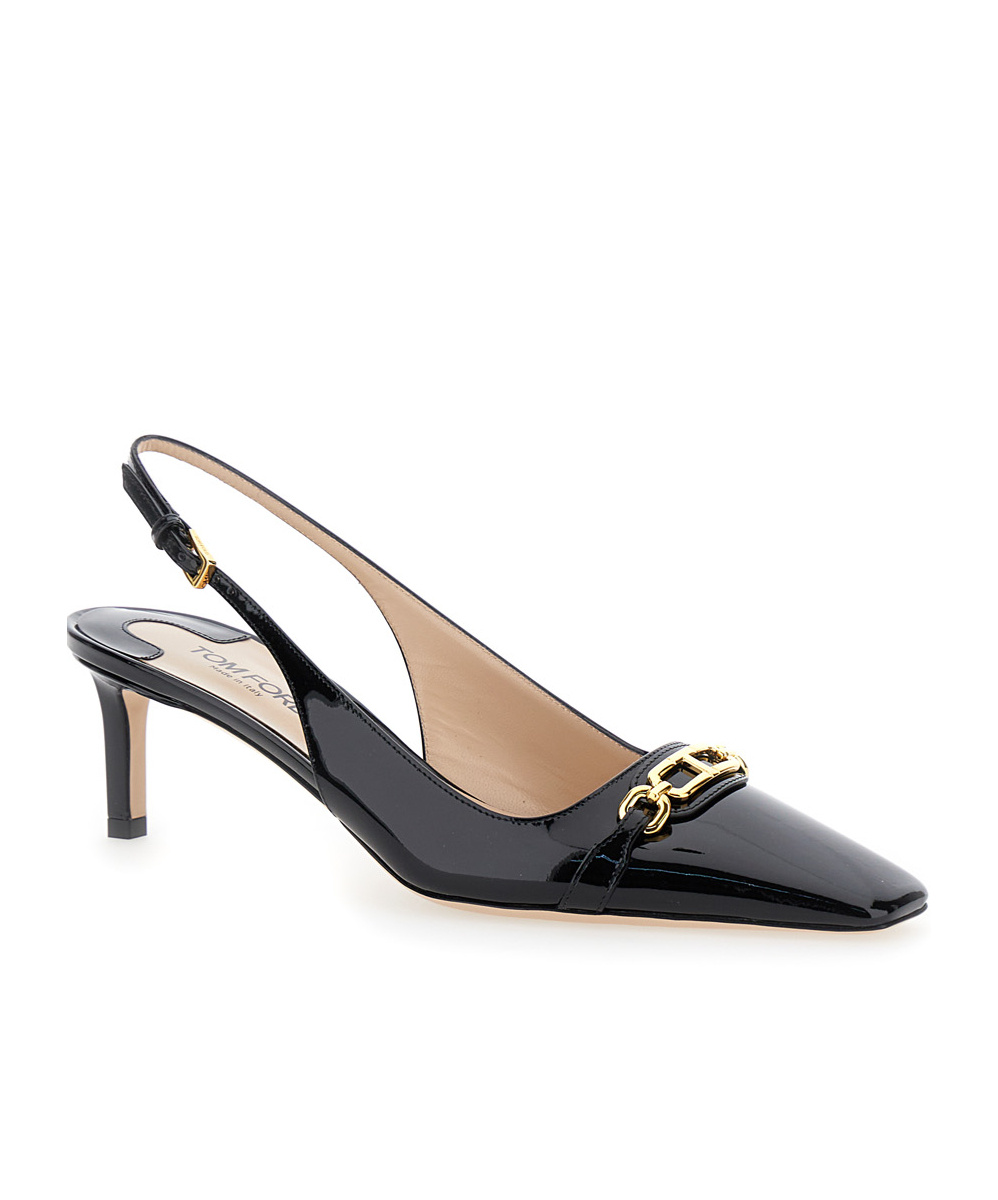 Tom Ford Black Slingback Pumps With T Logo Detail In Patent Leather Woman In Black