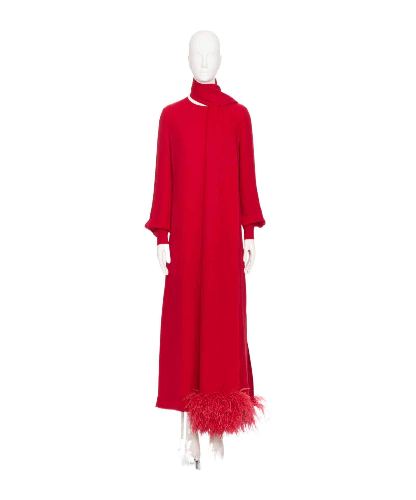 Valentino Maxi Silk Dress With Removable Scarf And Feather Details In Red