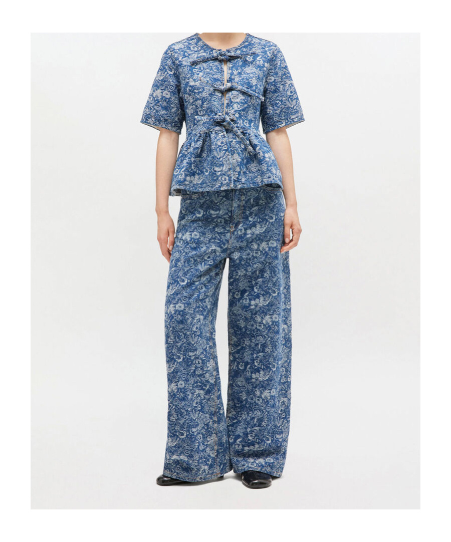 Ganni Blue Tapestry Peplum Blouse In Blue