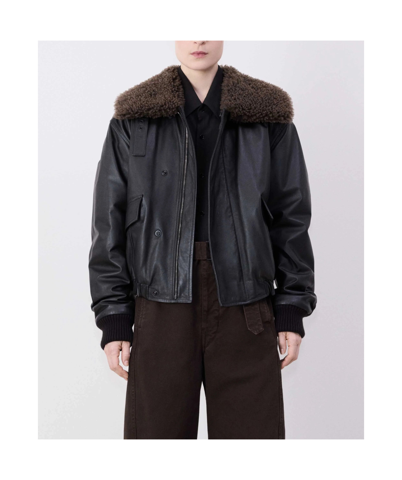 Lemaire Leather Blouson With Shearling Collar In Black