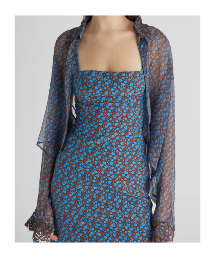 Ermanno Scervino Pure Silk Chiffon Shirt With Lace Details And Micro Flower Print In Gray