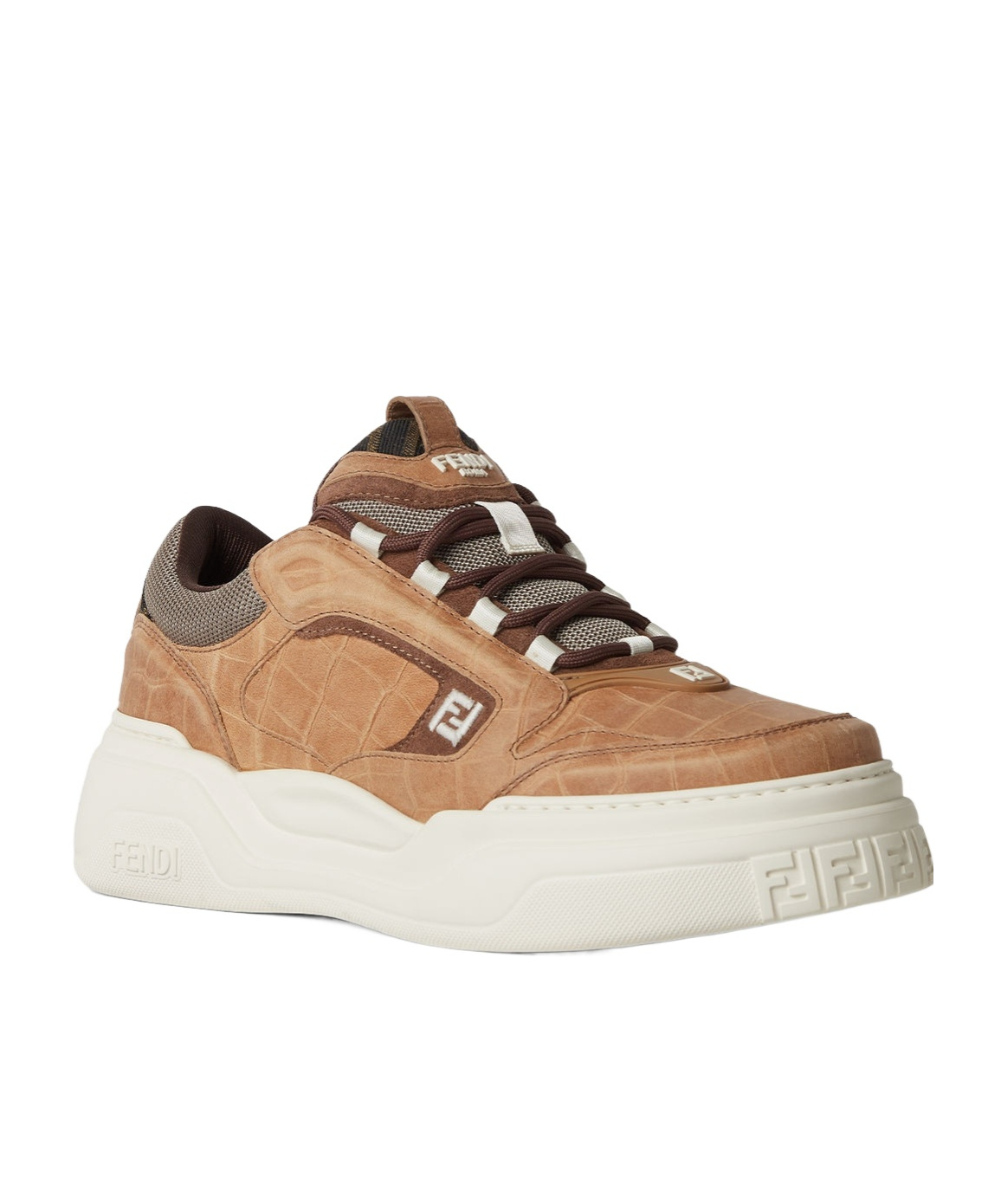 Fendi Crocodile-print Leather Force Sneakers Shoes In Brown