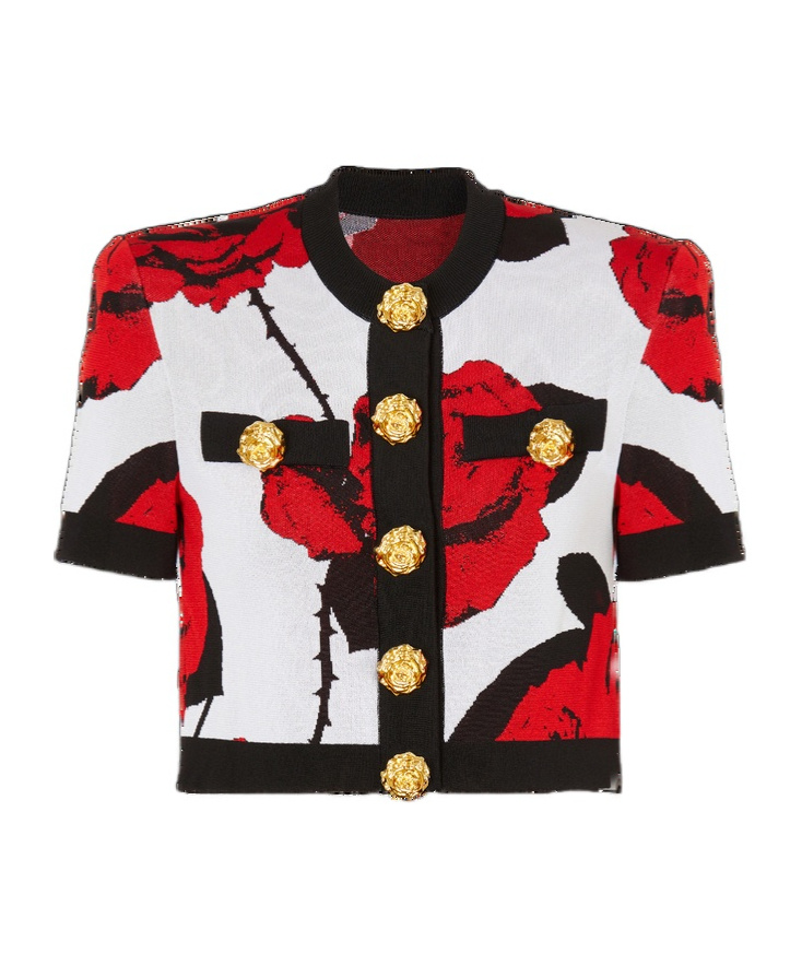 Shop Balmain Red Roses Jacquard Knit Cardigan In Black