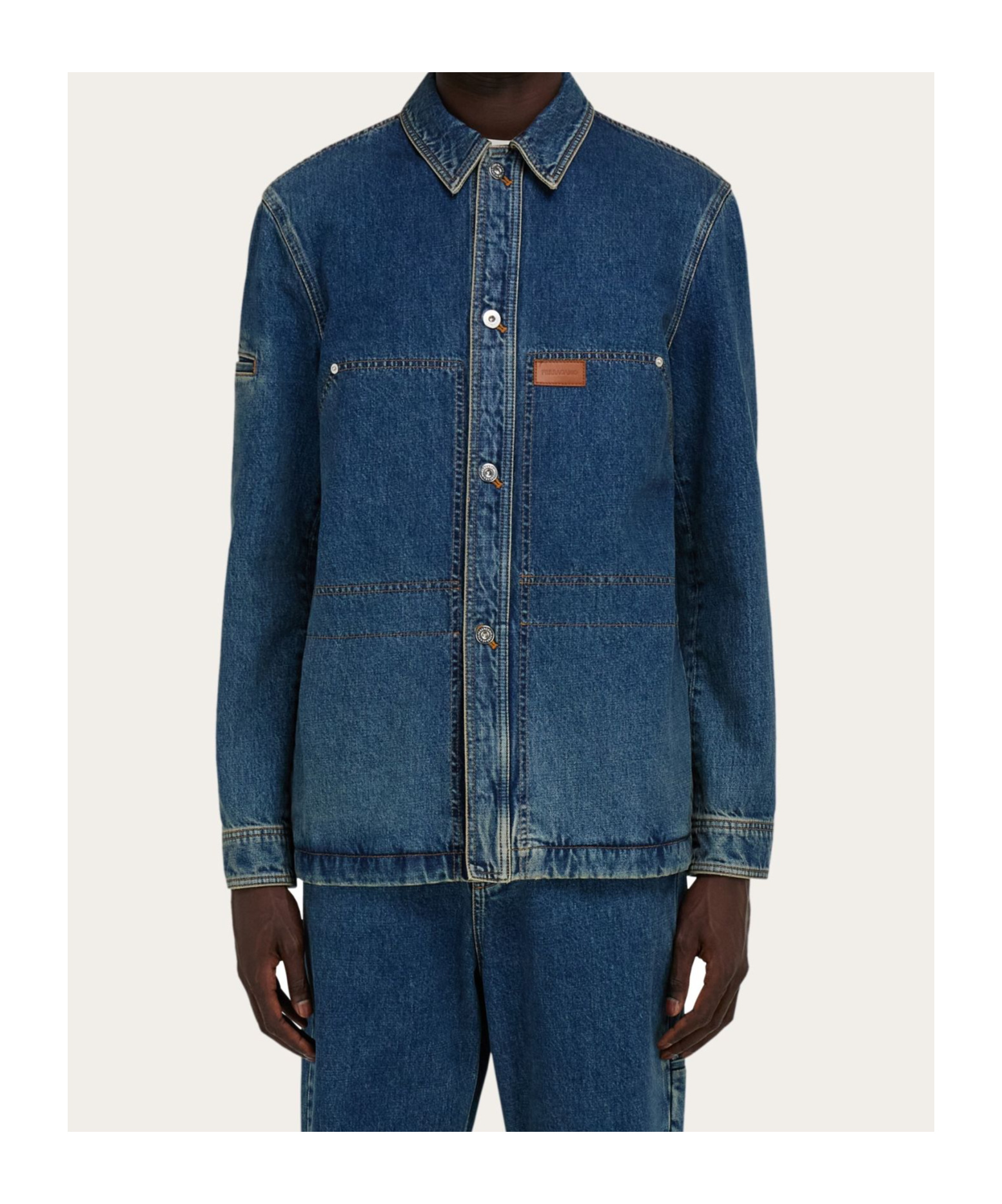 Ferragamo Pocketed Denim Jacket With Stitching And Sleeves In Blue