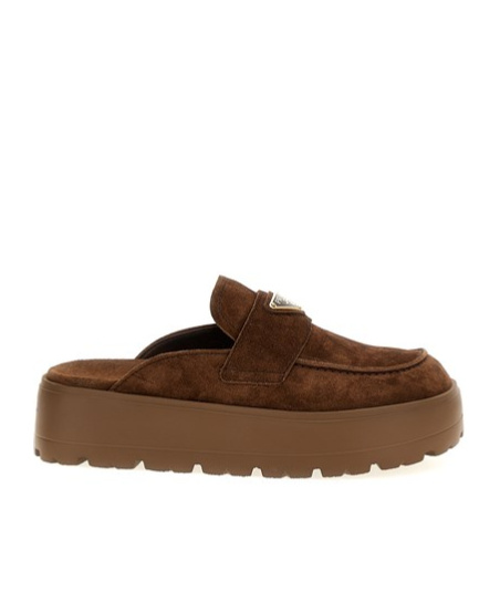 Prada Suede Flatform Mules In Brown