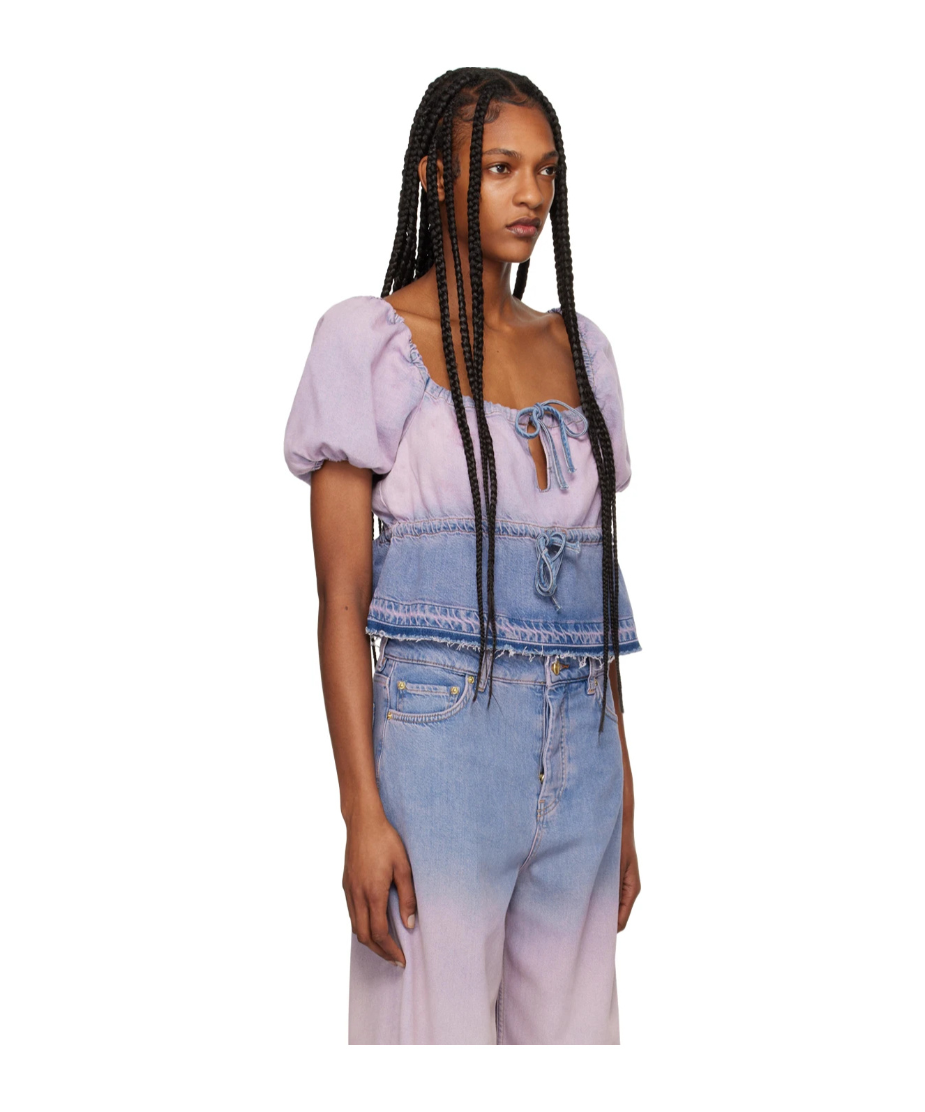 Shop Ganni Purple Bleach Future Denim Puff Sleeve Top In Multicolor