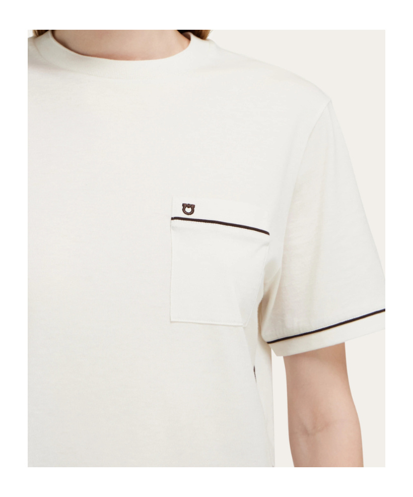 Ferragamo Gancini Crew Neck T Shirt Pocket Trim In White
