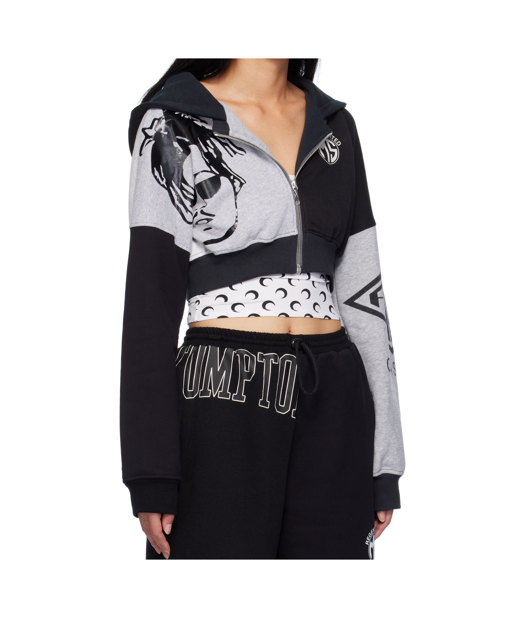 Marine Serre Black & Gray Upcycled Graphic Cropped Zipped Hoodie In Black