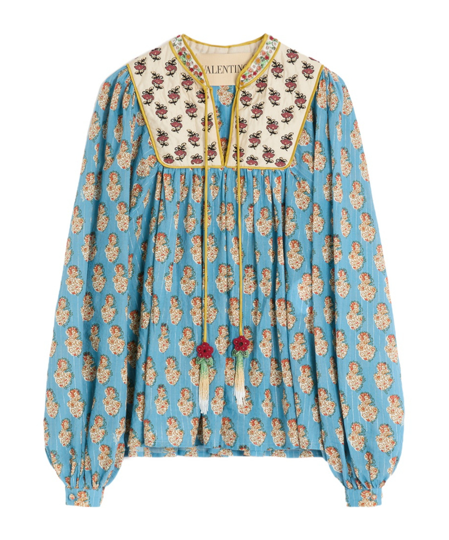 Valentino Beaded Pinstripe Floral-print Blouse In Green