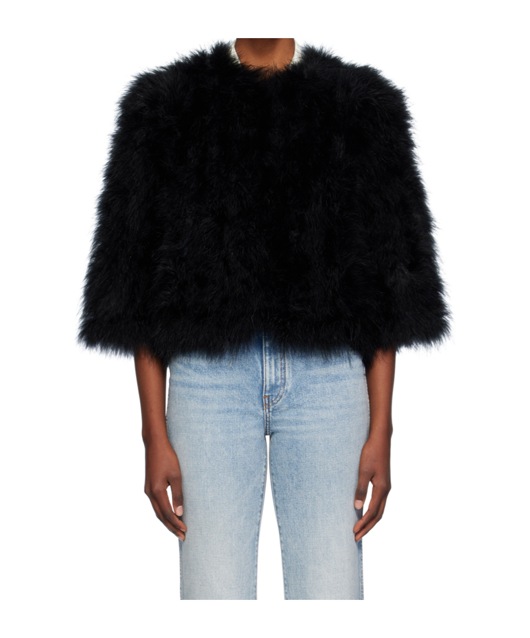 Yves Salomon Cropped Quarter Sleeve Casual Coat In Black