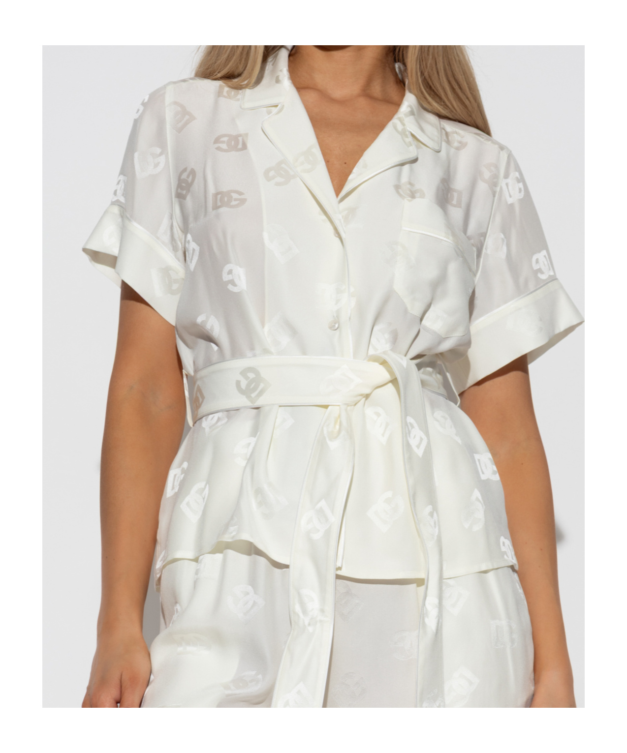 Dolce & Gabbana Monogram-jacquard Tied-waist Shirt In White