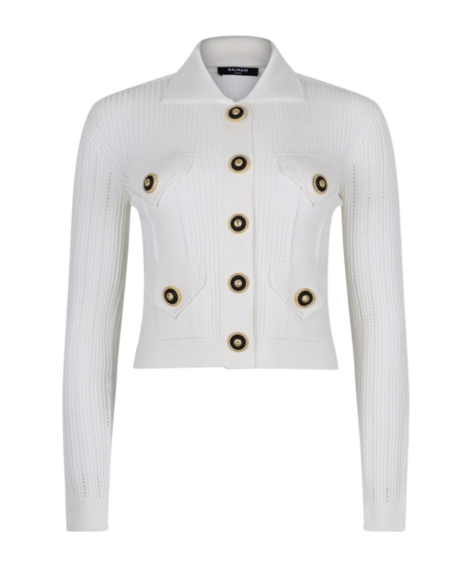 Balmain Perforated Knit Cardigan With Embossed Logo Buttons In White