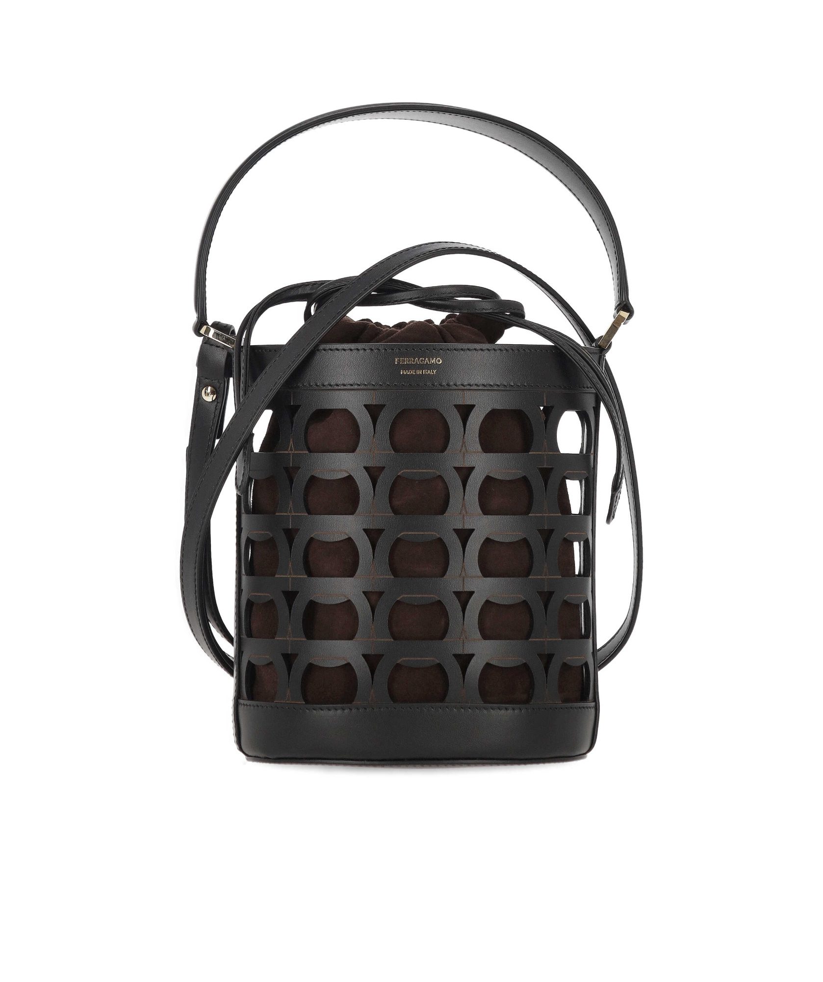 Ferragamo Logo Printed Cut Out Bucket Bag In Black