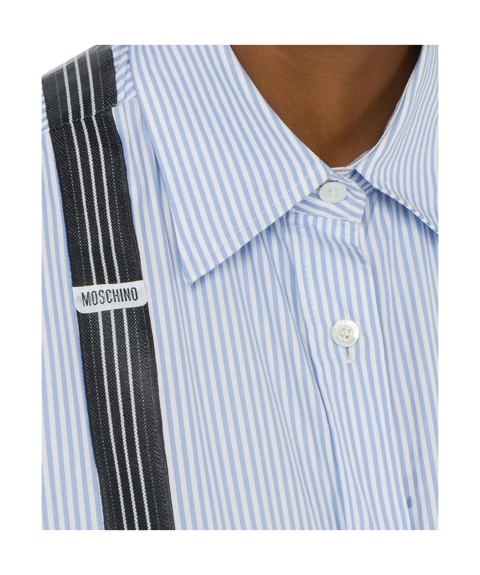 Moschino Couture Light Blue Cotton Striped Shirt With Decorative Straps In Blue