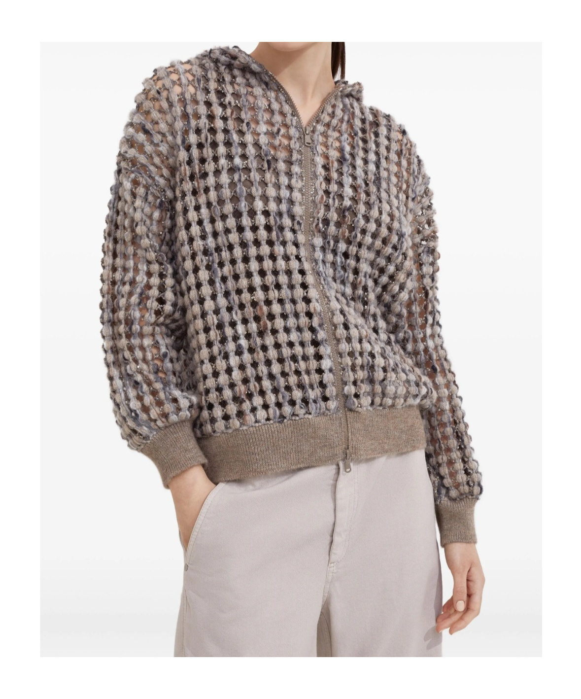 Brunello Cucinelli Pailette Wool-cashmere Net Balloon-sleeve Zip Hoodie In Brown