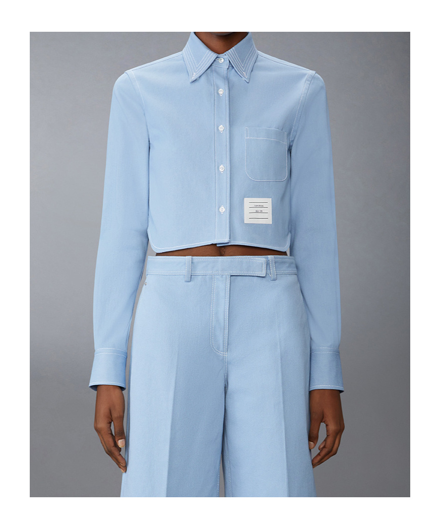 Thom Browne Cropped Denim Shirt With Contrast Stitching In Blue
