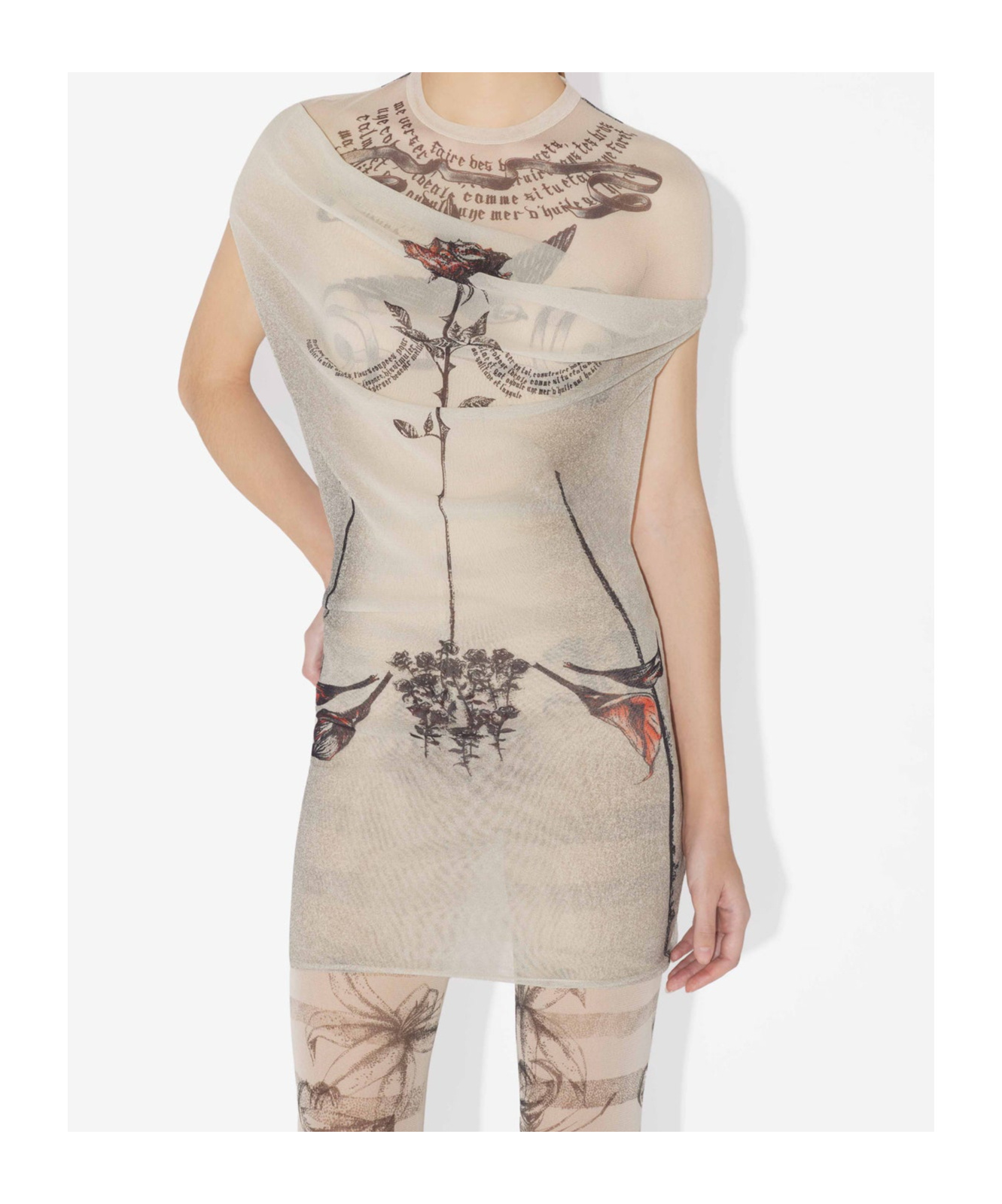 Shop Jean Paul Gaultier The Short Tattoo Rose And Bird Dress In Nude