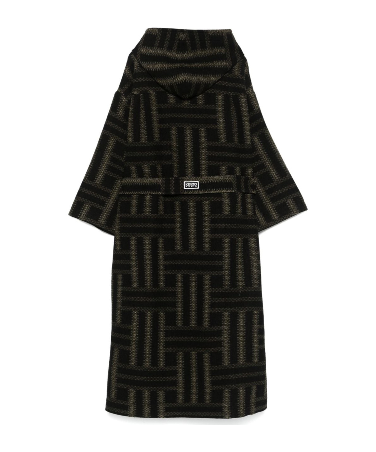 Kenzo Jacquard Wool Coat With Detachable Belt Loop In Black
