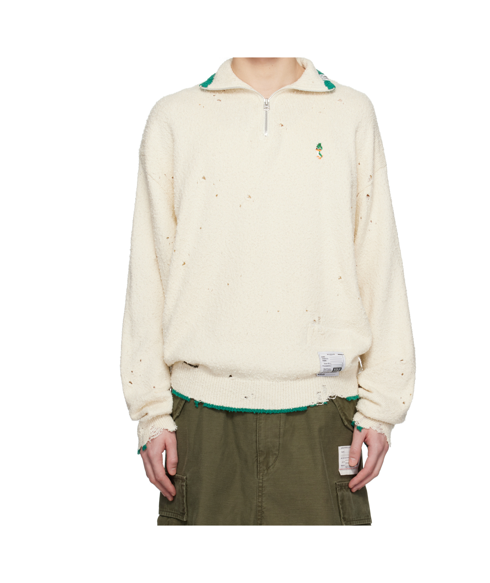 Miharayasuhiro Off-white Distressed Knit Half Zip Sweater In White