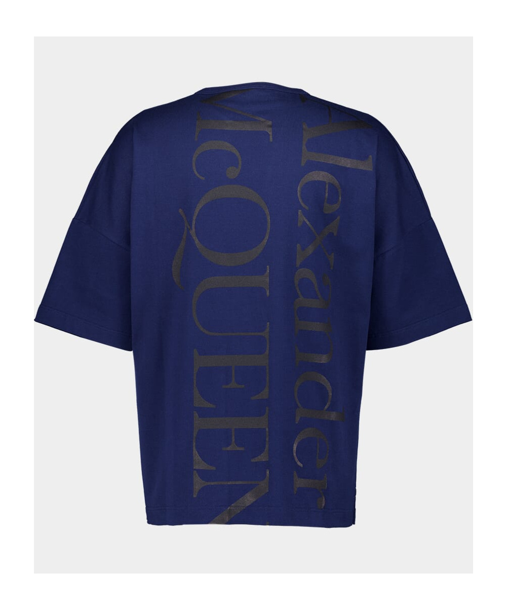 Alexander Mcqueen Solid Color Crew-neck T-shirt With Printed Logo In Blue