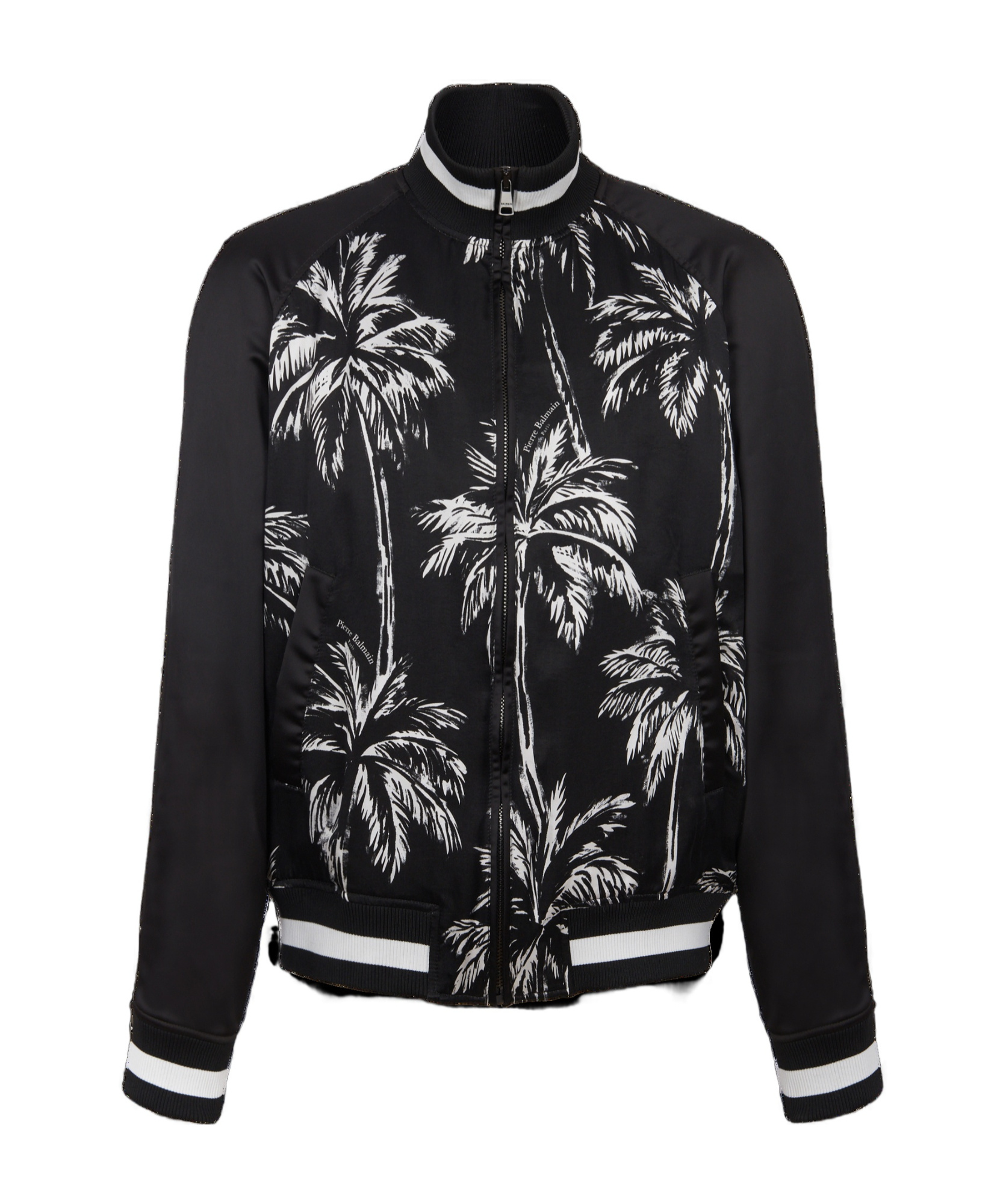 Balmain Printed Satin Palm Tree Bomber Jacket In Black