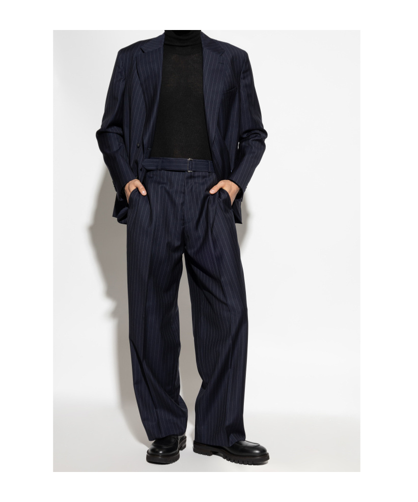 Officine Generale Nash Wide-leg Belted Pinstriped Virgin Wool-twill Suit Trousers In Blue