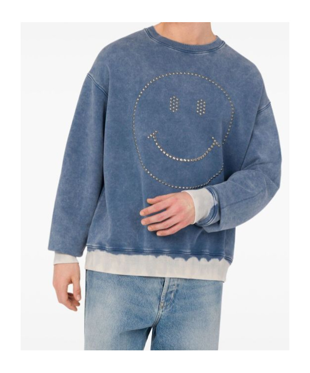 Moschino Crewneck Sweater With Studded Smiley Face In Blue