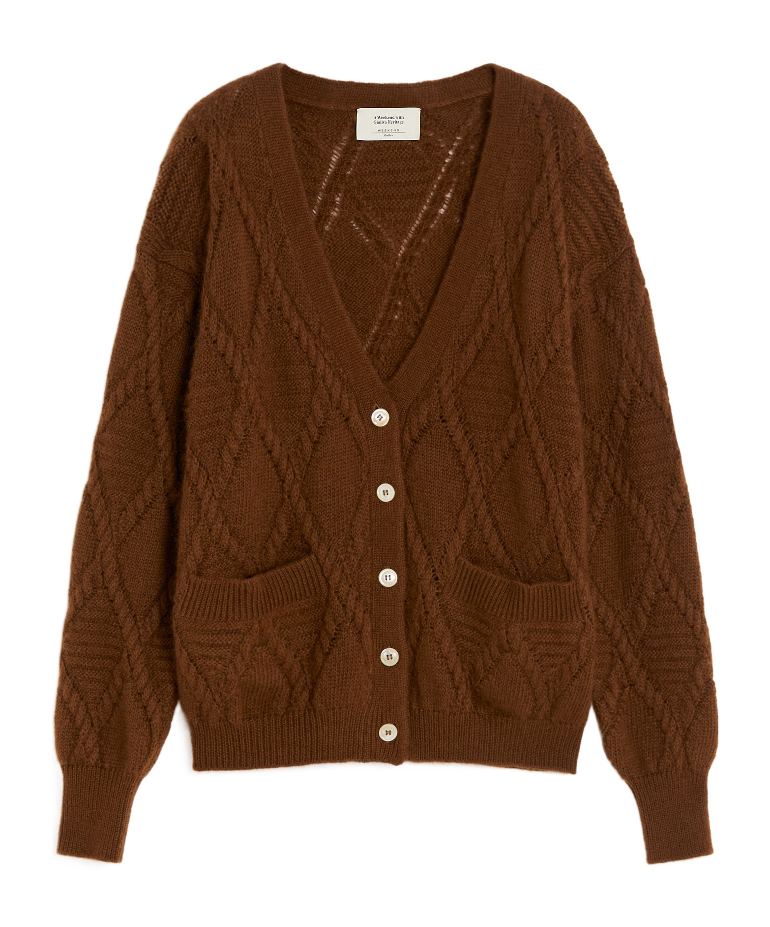 Weekend Max Mara Diamond-pattern Cable-knit Cardigan In Brown