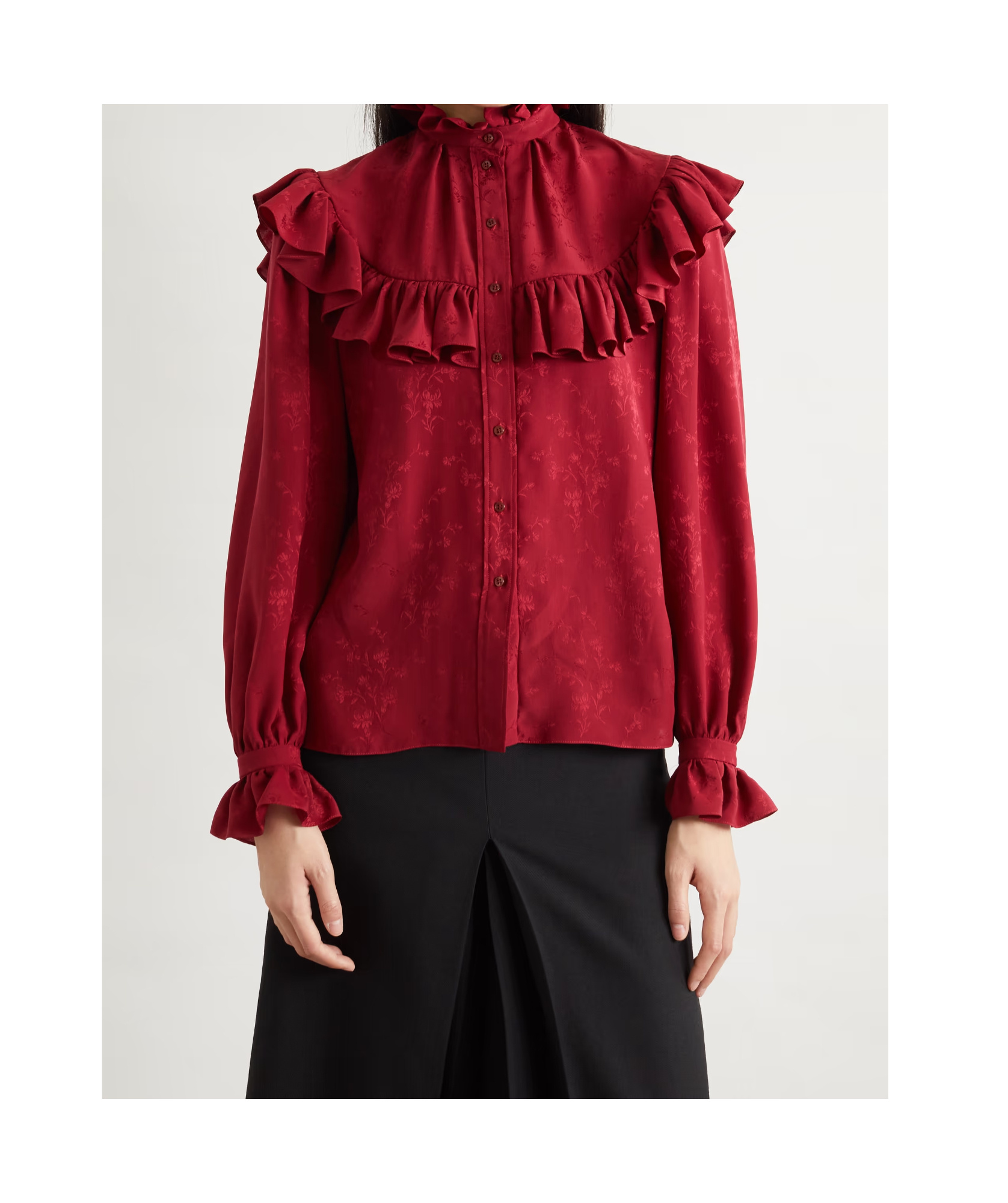 Saint Laurent Ruffled Floral Silk-jacquard Blouse In Red