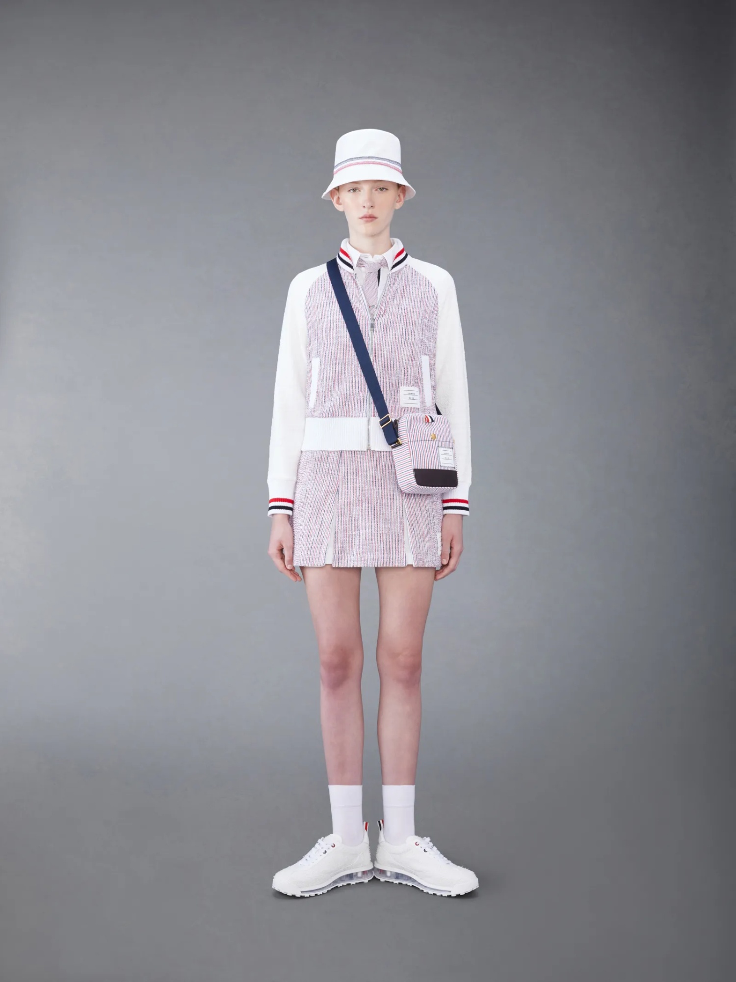 Thom Browne Tweed Seersucker Pleated Skirt In White