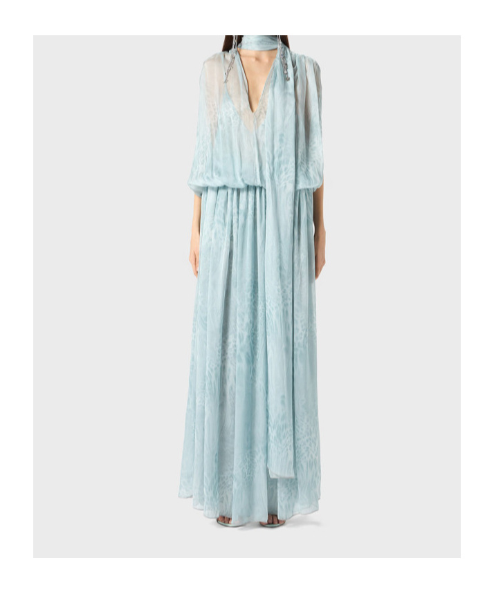 Blumarine Printed Chiffon Long Dress In Light Blue