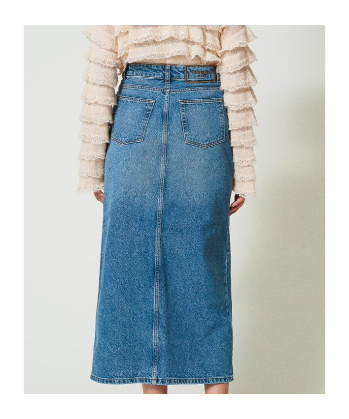 Twinset Medium Length Denim Skirt With Slit In Blue