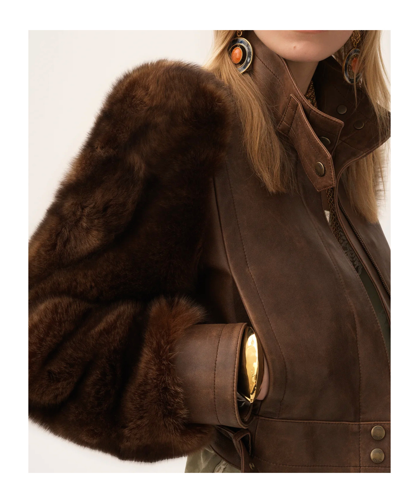 Chloé Leather Jacket With Belted Waist And Fur Sleeves In Brown