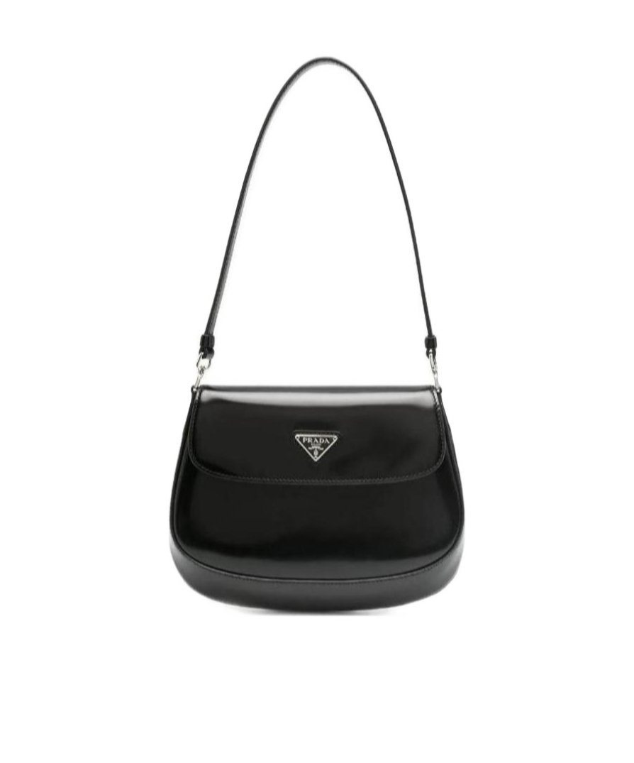 Prada Cleo Brushed Leather Shoulder Bag With Flap In Black