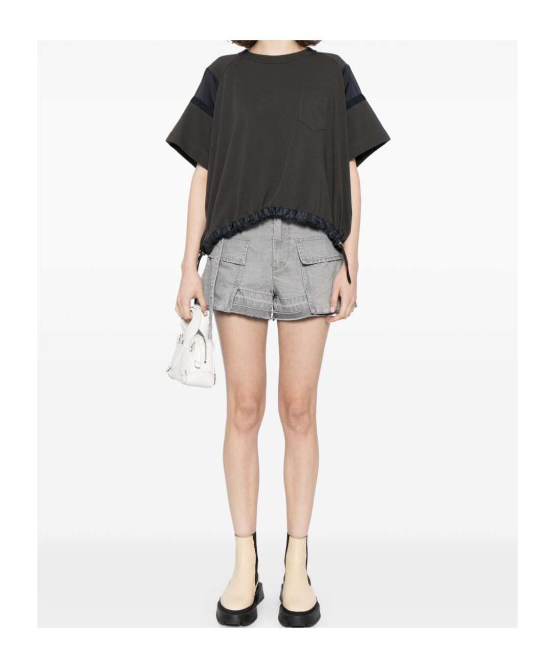 Sacai Cotton Crew Neck T-shirt With Drawstring Hem In Black
