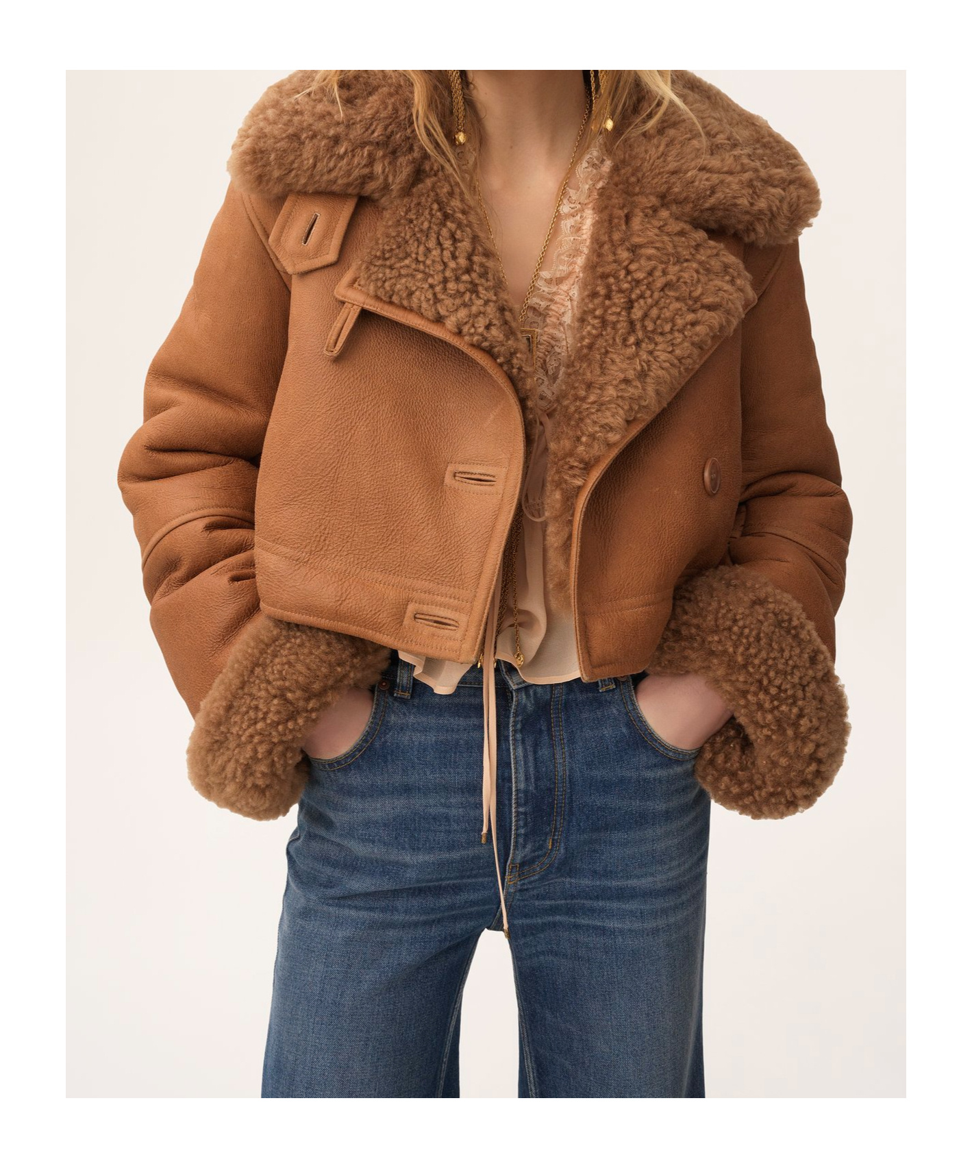 Chloé Cropped Shearling-trimmed Leather Jacket In Brown
