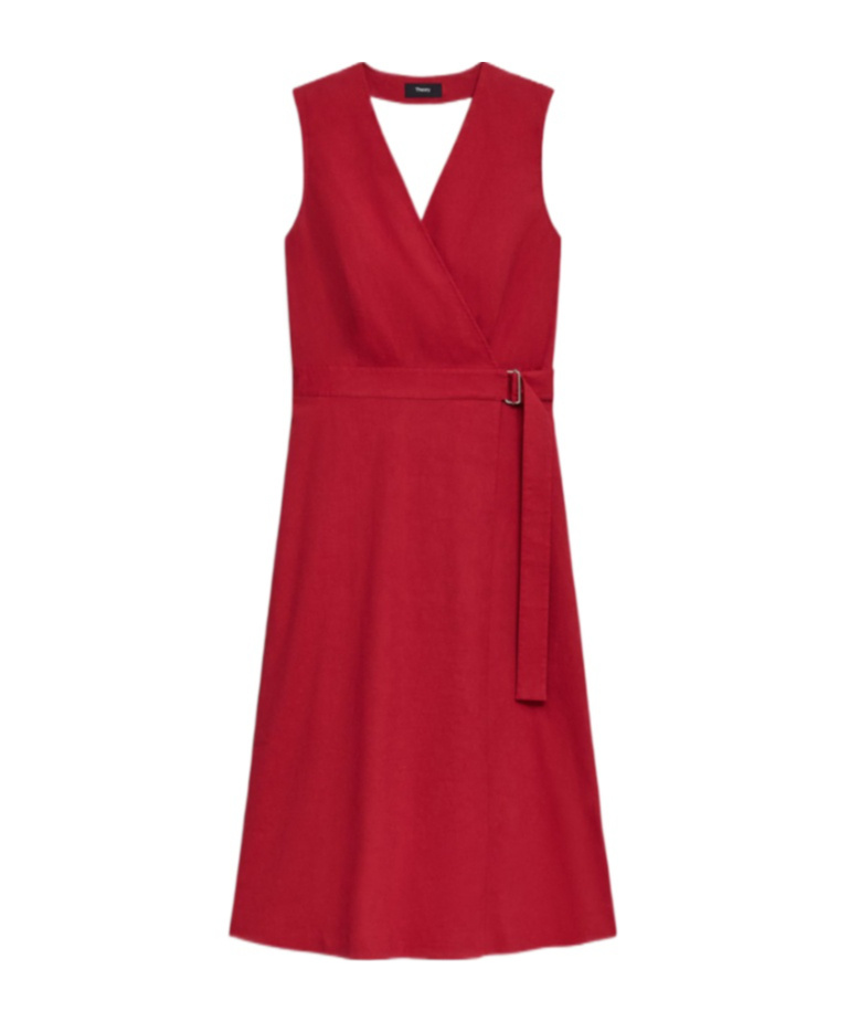 Theory Sleeveless A-line Wrap Dress In Good Linen In Cherry