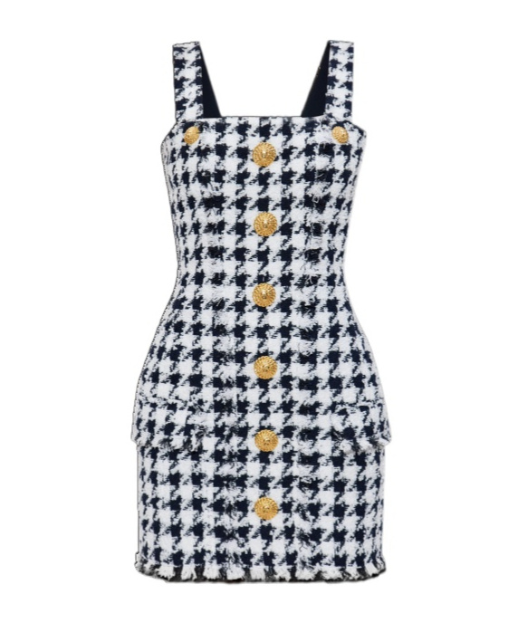 Balmain Houndstooth Tweed Mini Dress In Black