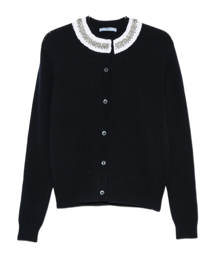Prada Crystal-embellished Ruffled-collar Cardigan In Blue