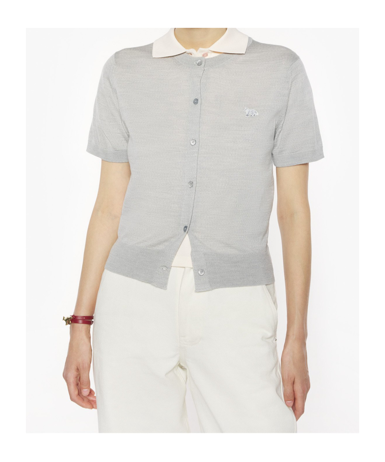 Maison Kitsuné Baby Fox-embroidered Short-sleeve Cardigan In Gray