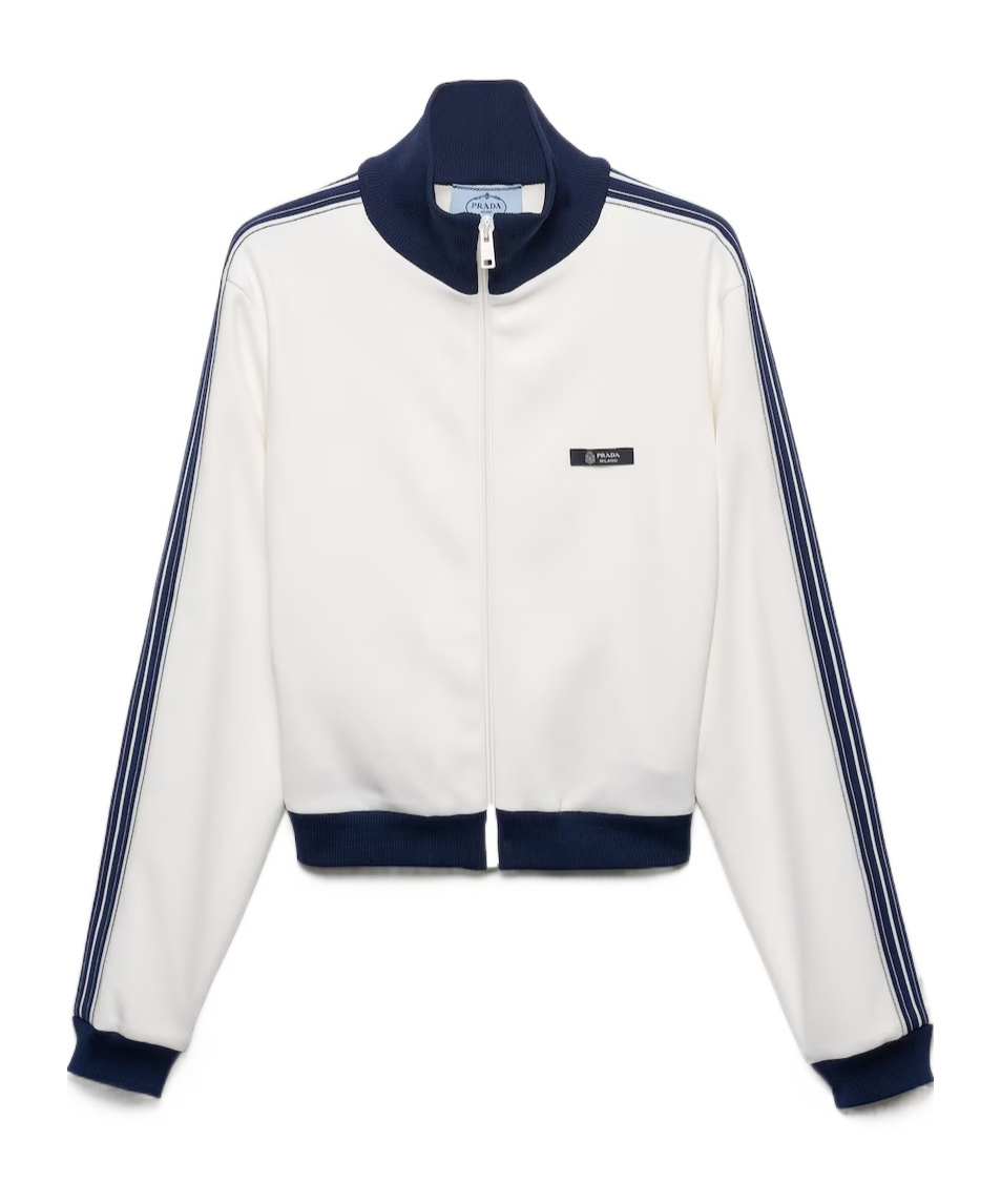 Prada Leather-elbow Patches Striped Sweatshirt In White