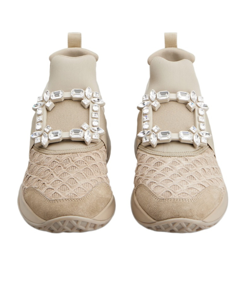 Roger Vivier Crystal Buckle Mesh Sneakers In Nude