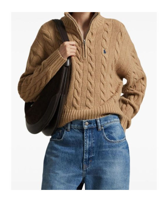 Polo Ralph Lauren Wool And Cashmere Cable-knit Half-zip Sweater In Brown