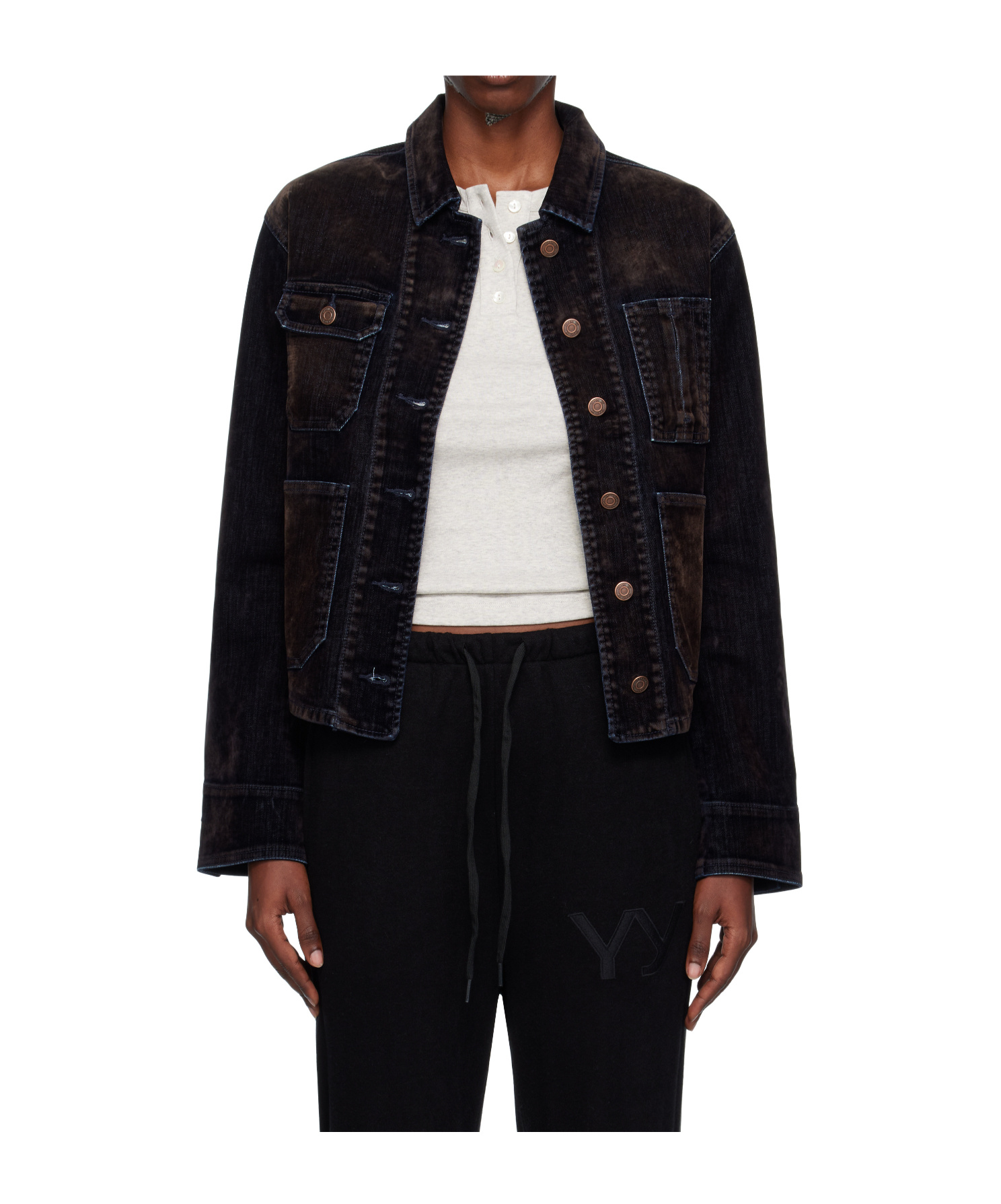 Open Yy Velvet Denim Trucker Jacket In Black
