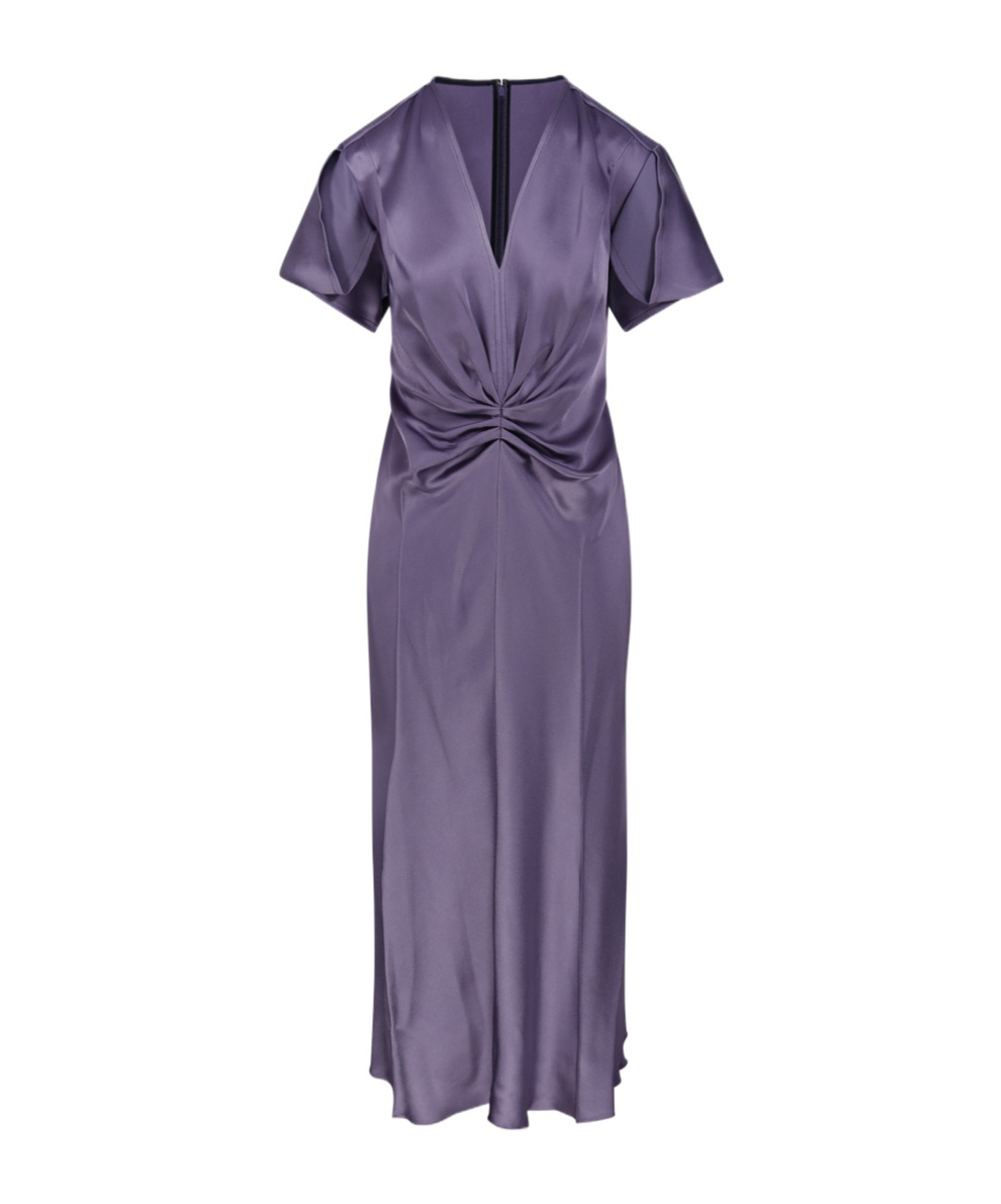 Victoria Beckham Gathered Satin Midi Dress In Purple