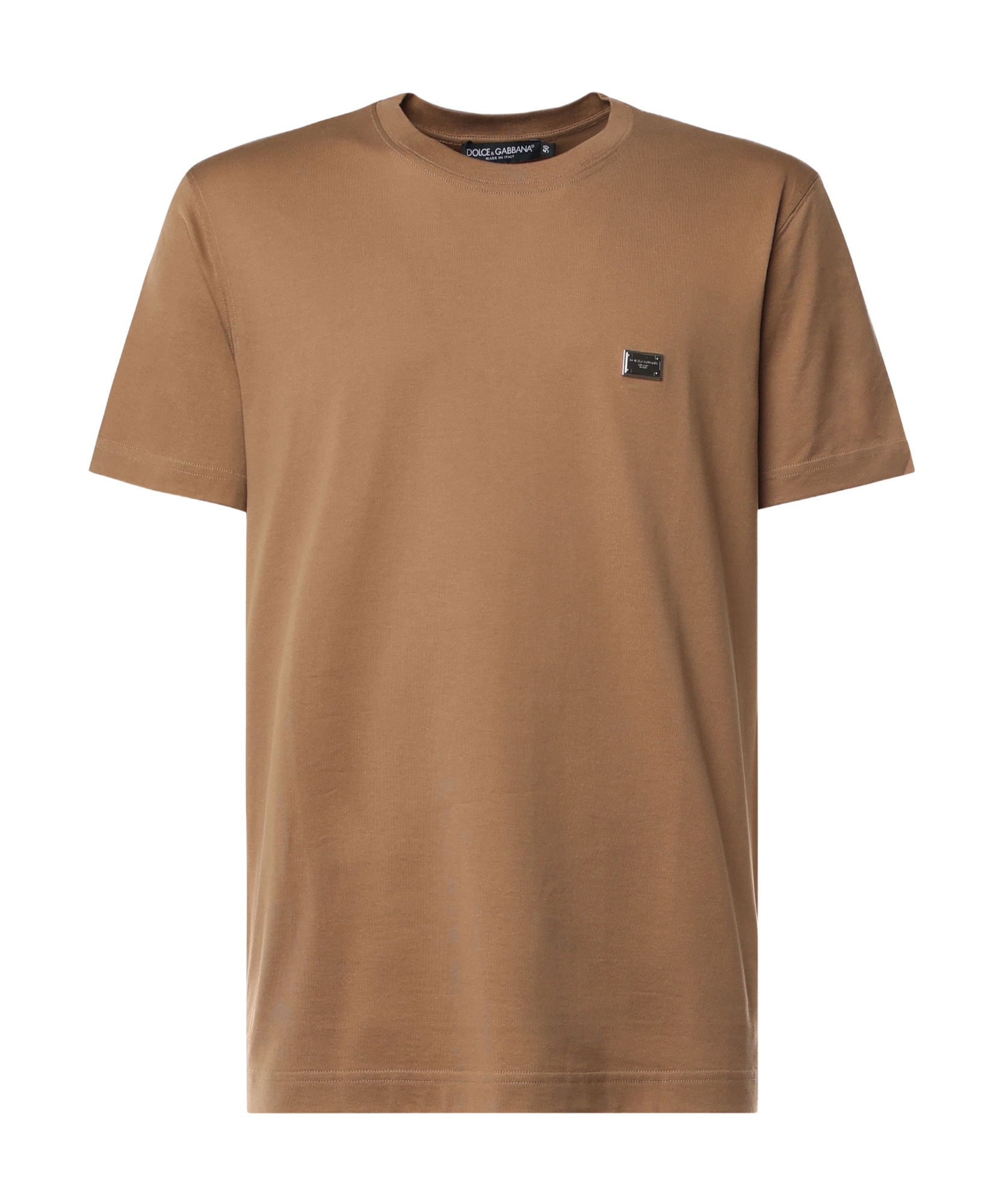 Dolce & Gabbana Cotton Jersey T-shirt With Metal Logo Plaque In Brown