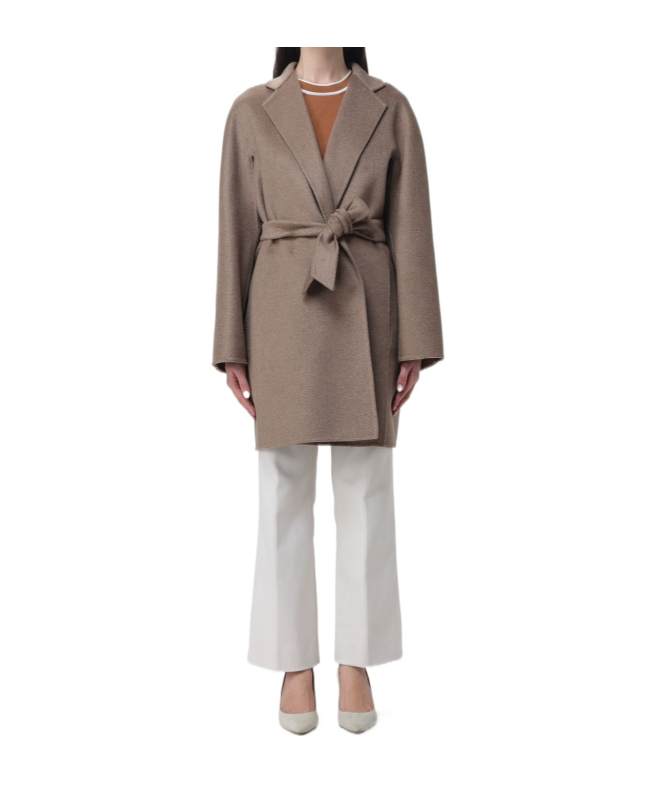 Max Mara Lapel Collar Belted Cashmere Coat In Gray