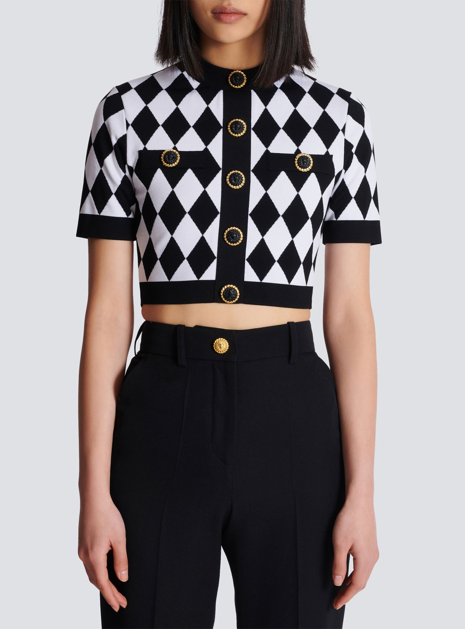 Shop Balmain Diamond Jacquard Knit Top In Black