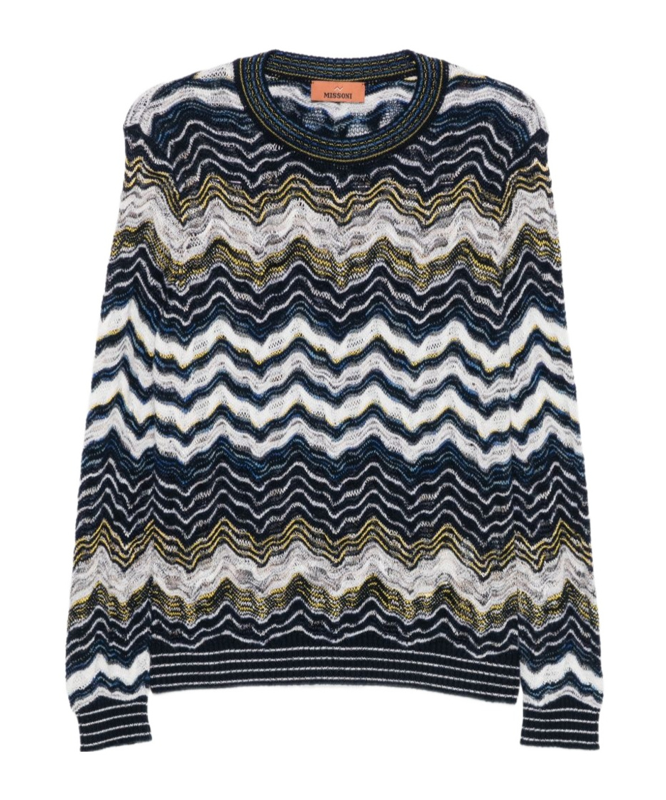 Missoni Wave Knit Crewneck Sweater In Navy